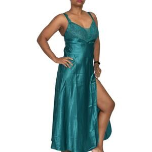 Vintage Victorias Secret Nightgown Green Satin Maxi Slip High Slit Gold Label XS